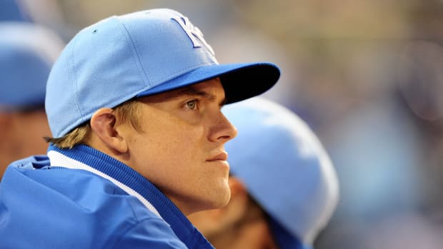 Oct. 2, 2010; Kansas City, MO, USA; Kansas City Royals pitcher Zack Greinke watches from the dugout against the Tampa Bay Rays at Kauffman Stadium. Mandatory Credit: Mark J. Rebilas-USA TODAY Sports